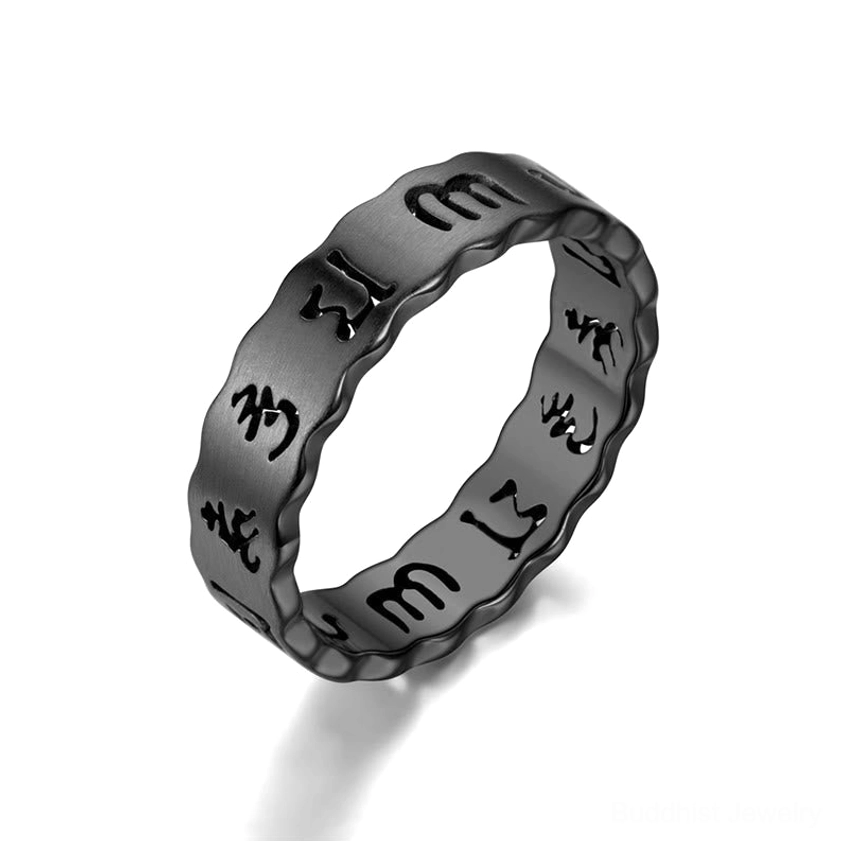 Black matte finish om mani padme hum buddhist mantra ring three quarter view with engraved sacred text