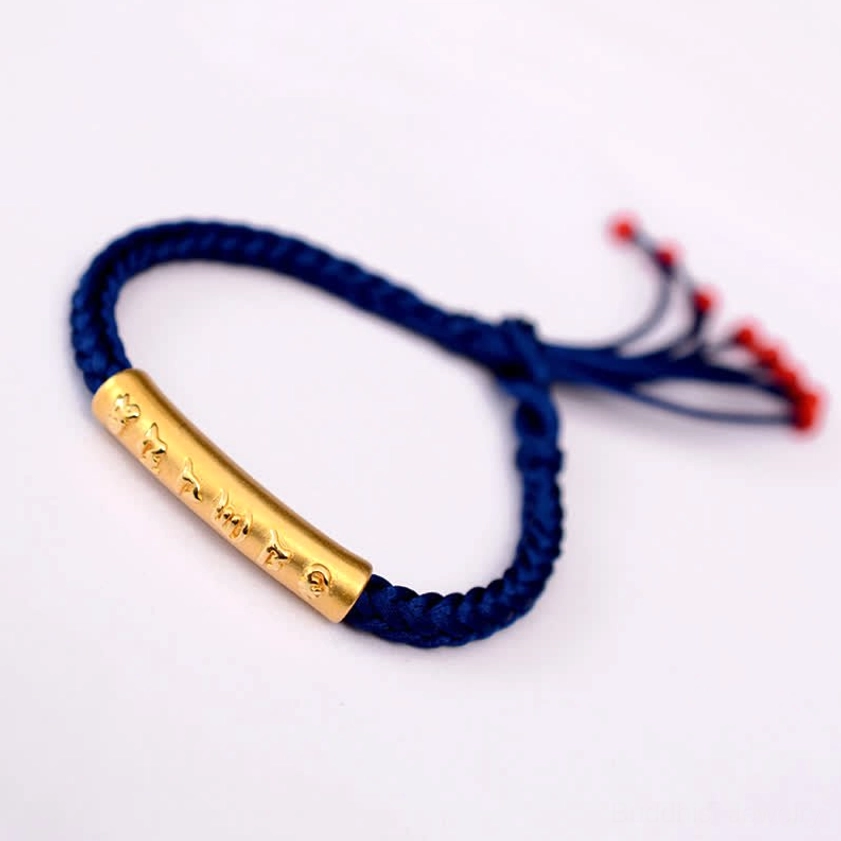 Om mani padme hum blue string bracelet 999 sterling silver gold plated with sacred mantra engraving for meditation support