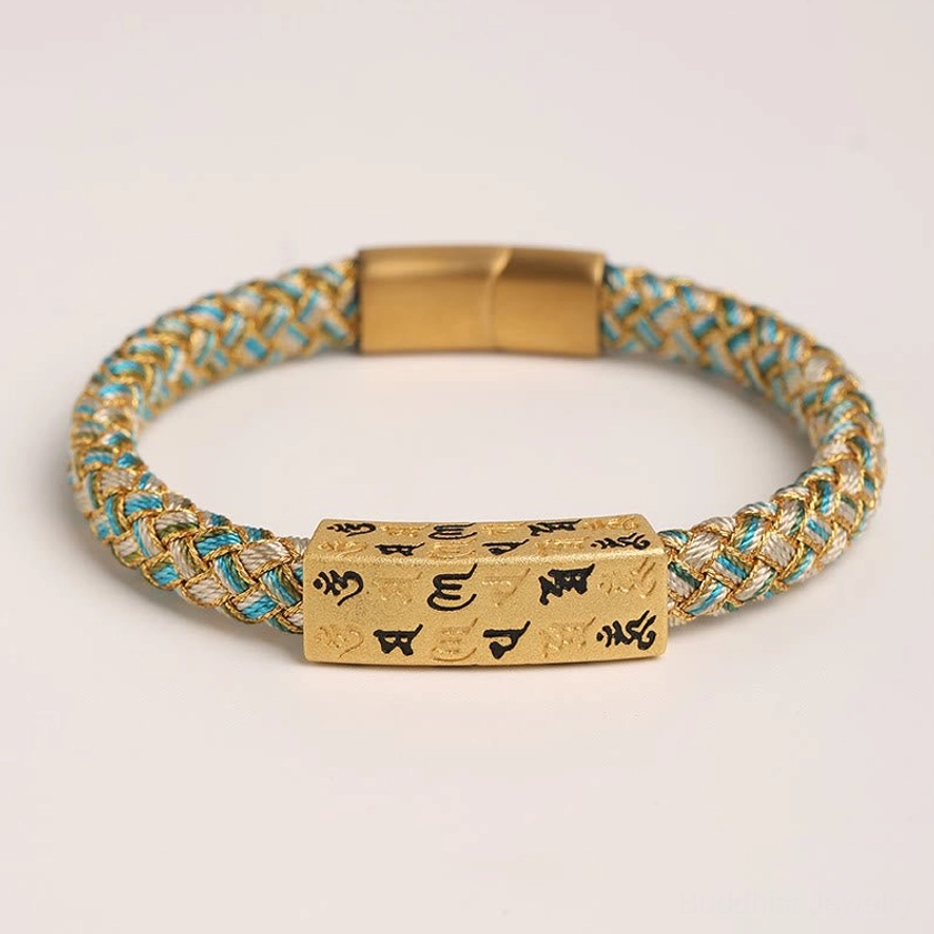 Blue and gold braided Om Mani Padme Hum Buddhist bracelet healing purity vibration