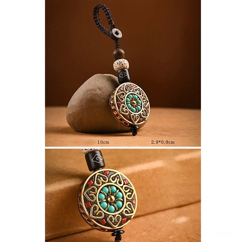Om Mani Padme Hum Bodhi seed keychain with traditional brass pendant for Buddhist practitioners