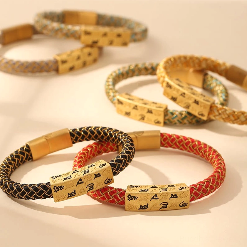 Om Mani Padme Hum Buddhist red gold bracelet adjustable wrist circumference sizing