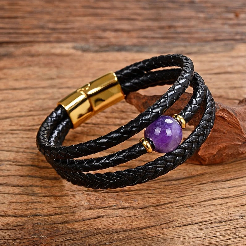 Sacred mantra leather bracelet with purple amethyst bead and gold clasp