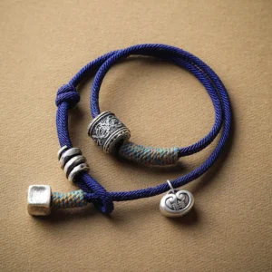 Om Mani Padme Hum carved bracelet with dark blue braided rope and silver beads, flat lay top view