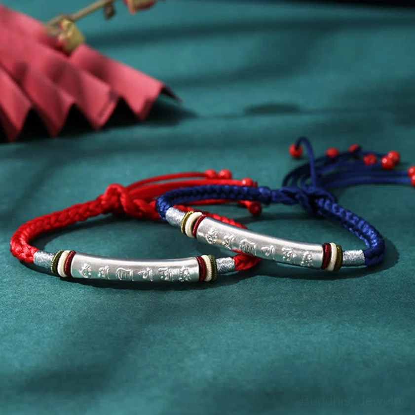 Buddhist om mani padme hum bracelet with 999 sterling silver engraved tube and premium braided silk cord adjustable fit