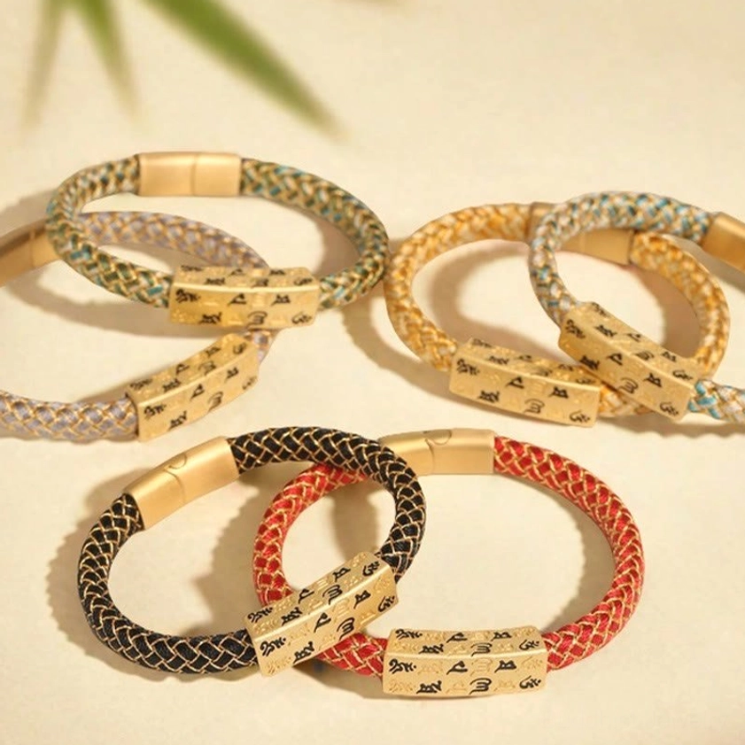 Red gold woven Om Mani Padme Hum Buddhist spiritual bracelet braided rope texture