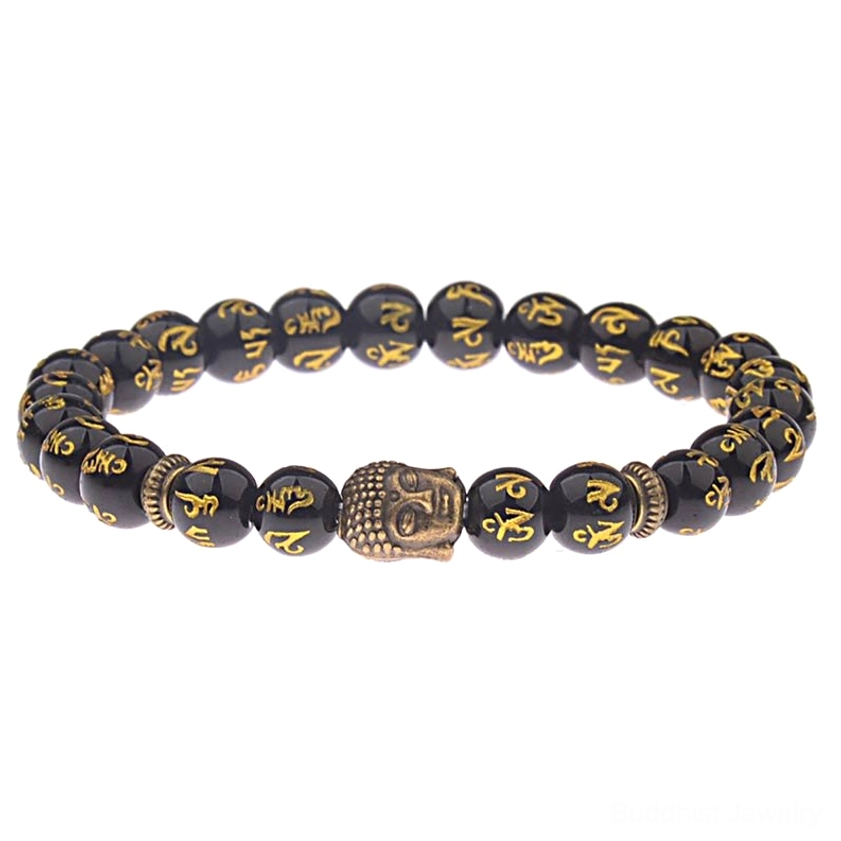 Hand-carved Om Mani Padme Hum agate bracelet with bronze Buddha head charm, white background studio shot