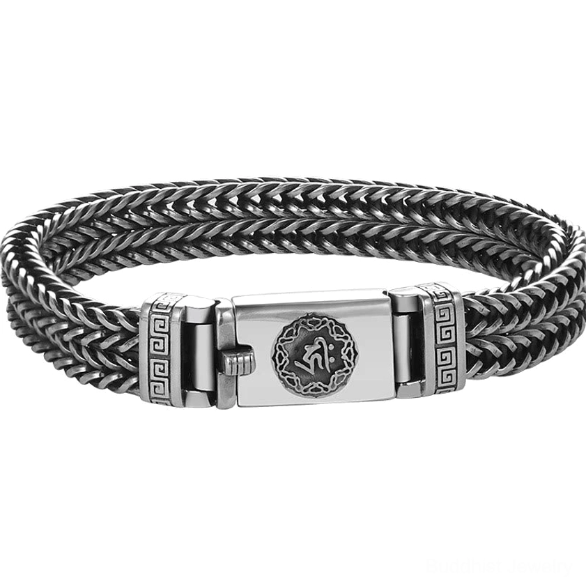 Braided copper bracelet front view featuring ornamental Six True Words buckle with decorative border pattern on black background