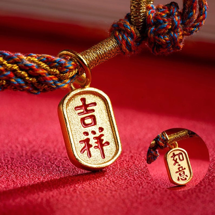 Om Mani Padme Hum bracelet components showing Ruyi and auspicious charms with multicolor braided cord
