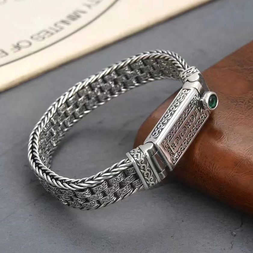 Copper Om Mani Padme Hum bracelet with secure buckle closure and Tang Dynasty flower patterns