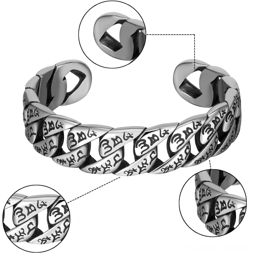 Close-up detail of Om Mani Padme Hum titanium bracelet showing engraved mantra text and clasp mechanism