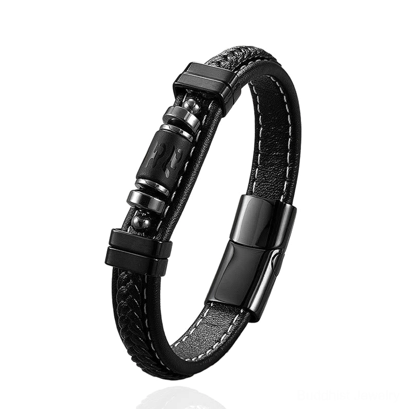 Om Mani Padme Hum leather bracelet collection showing multiple style variations with black onyx and decorative accents