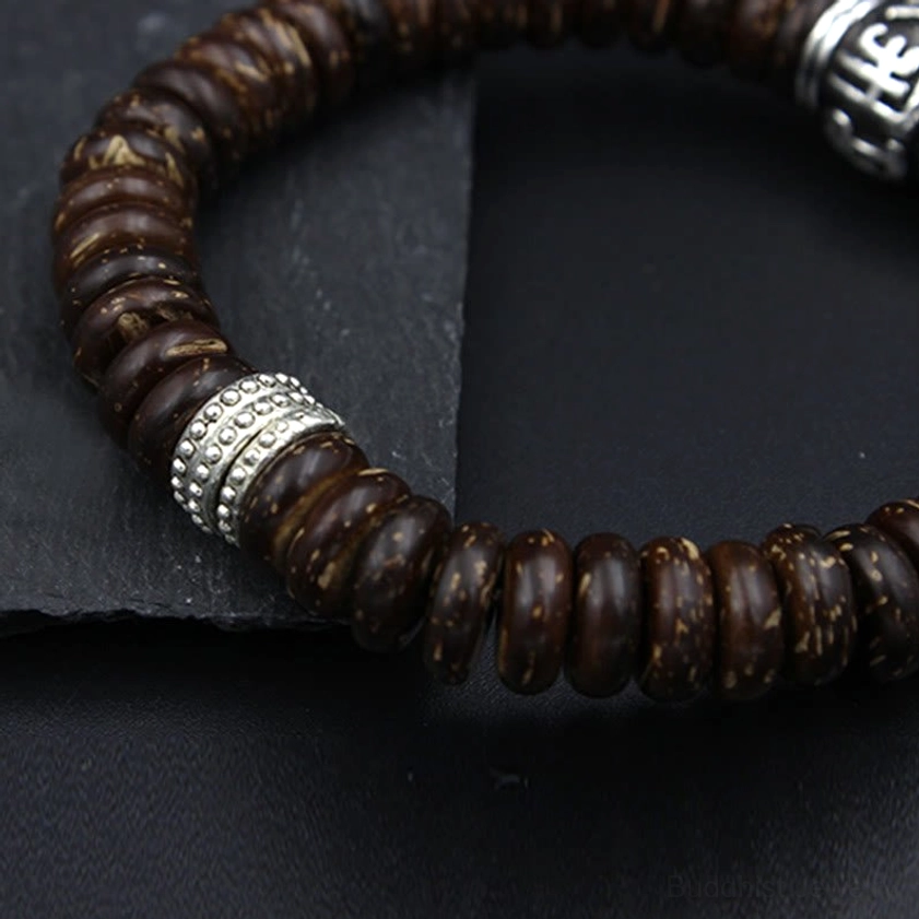 Om Mani Padme Hum bracelet in multiple color options showing brown and black coconut shell varieties
