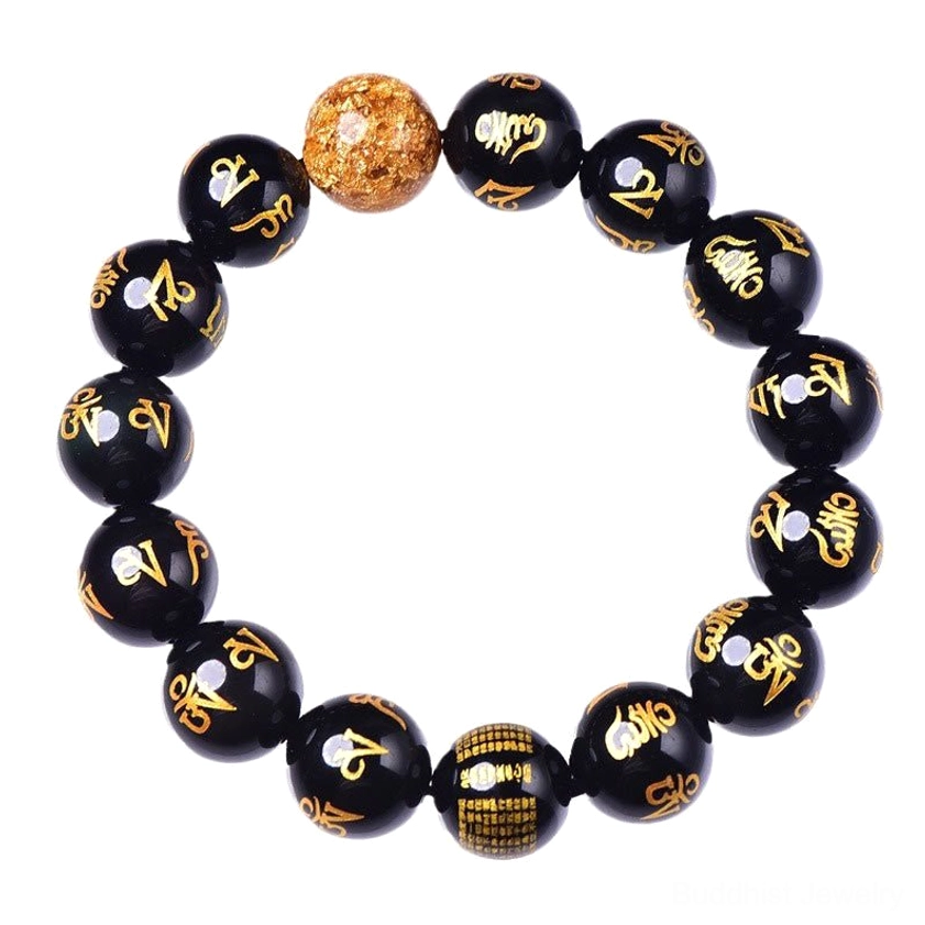 Om Mani Padme Hum Rainbow Obsidian bracelet for creativity and spiritual protection, showing complete beaded design with polished black stones and gold foil accent
