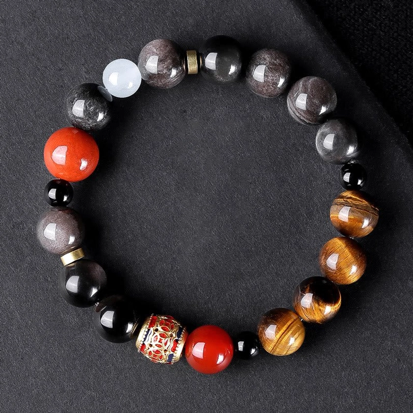 Silver Sheen Obsidian, Tiger's Eye, and copper coins Buddhist bracelet variant with sacred Om Mani Padme Hum engraved charm