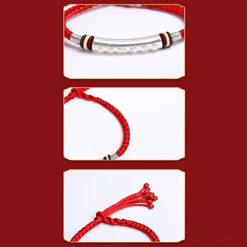 Close-up detail shots of om mani padme hum bracelet showing engraved silver tube silver text braided rope and adjustable tassel