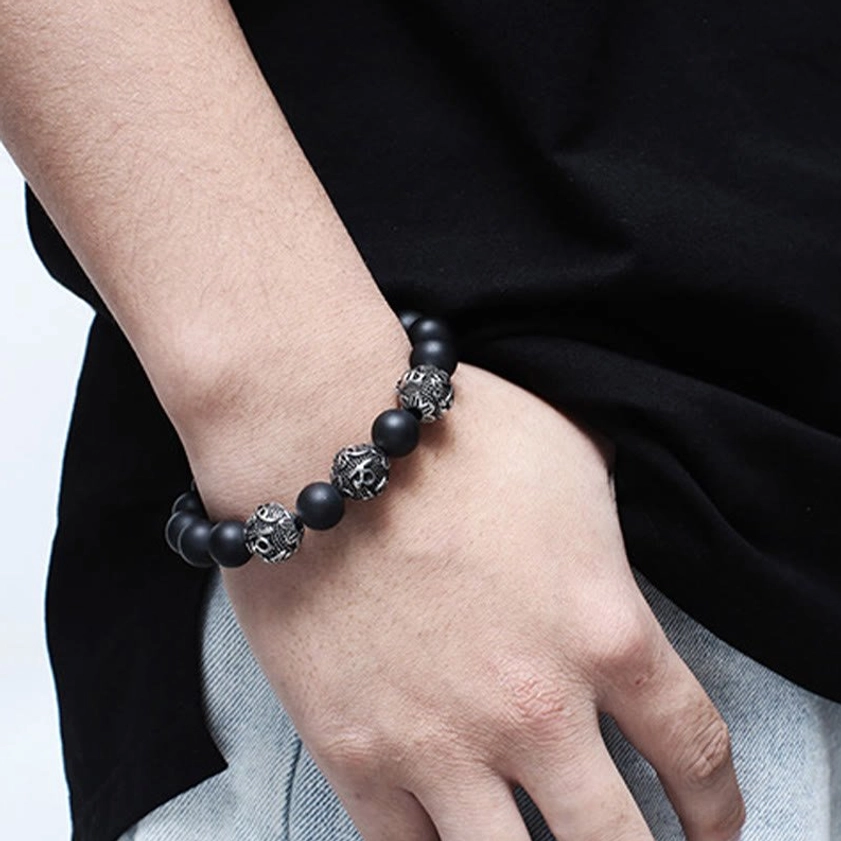 Buddhist mantra bracelet close-up detail of premium elastic string and adjustable fit for 17-21cm wrist circumference