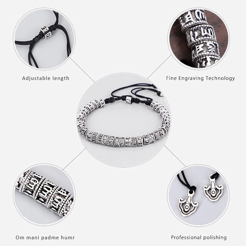 Om Mani Padme Hum bracelet product detail infographic showing adjustable sizing, fine engraving, and professional polishing features