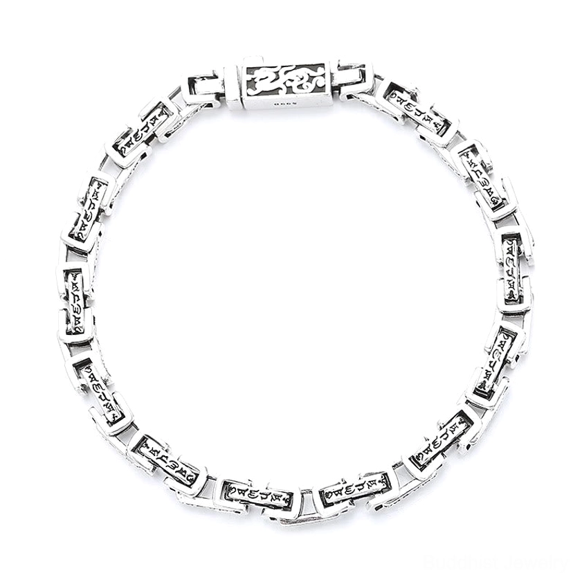 Om Mani Padme Hum copper bracelet overhead view showing complete engraved mantra chain links polished finish