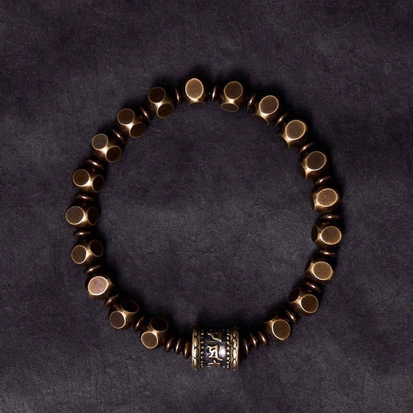 Sacred Om Mani Padme Hum bracelet overhead circular layout with all beads visible