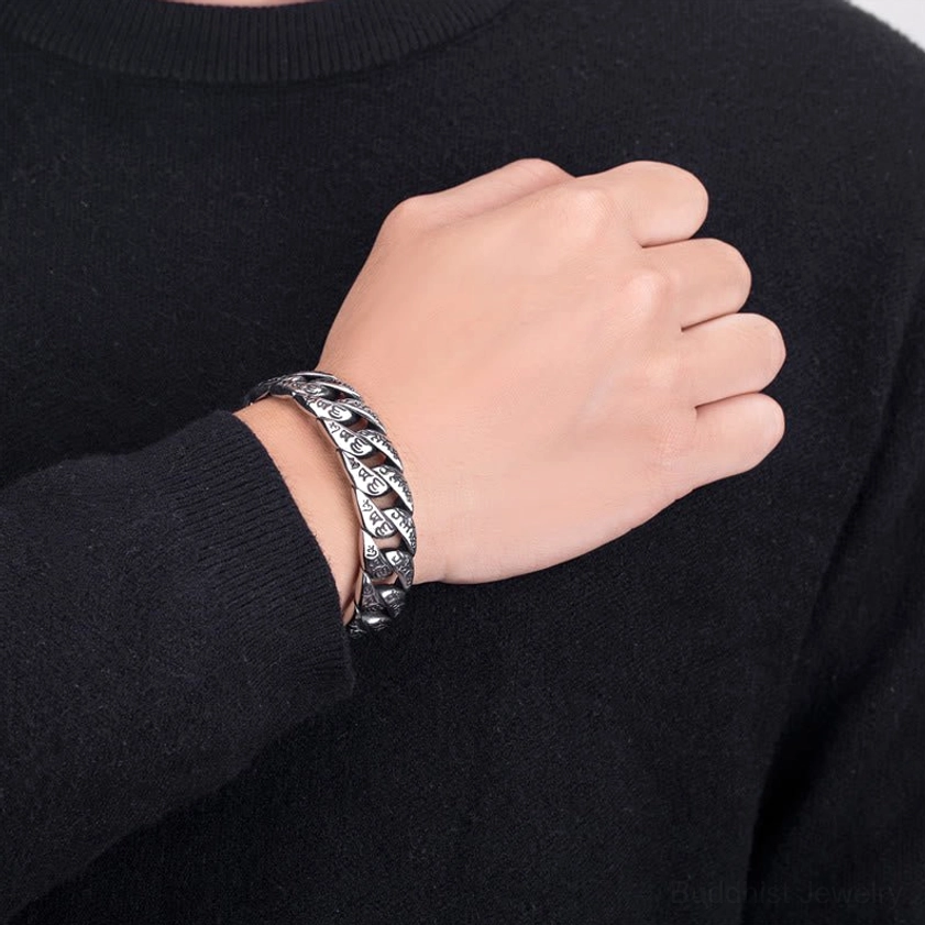 Om Mani Padme Hum Buddhist mantra titanium steel cuff bracelet lifestyle wear demonstration