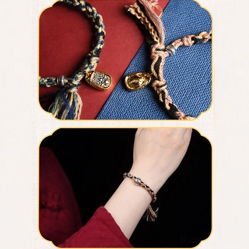 Buddhist mantra bracelet display set showing flat lay and wrist wear demonstration with braided cord and metal charms