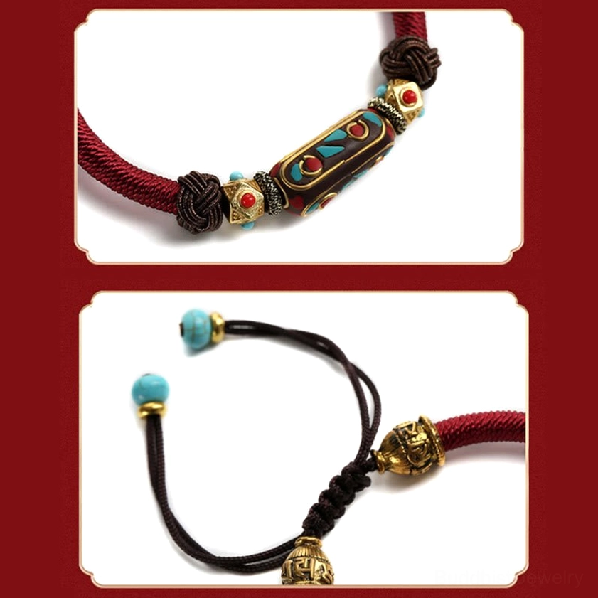Split display view of handmade turquoise Buddhist bracelet showing enamel charm and adjustable braided cord with turquoise bead ends on red and white background