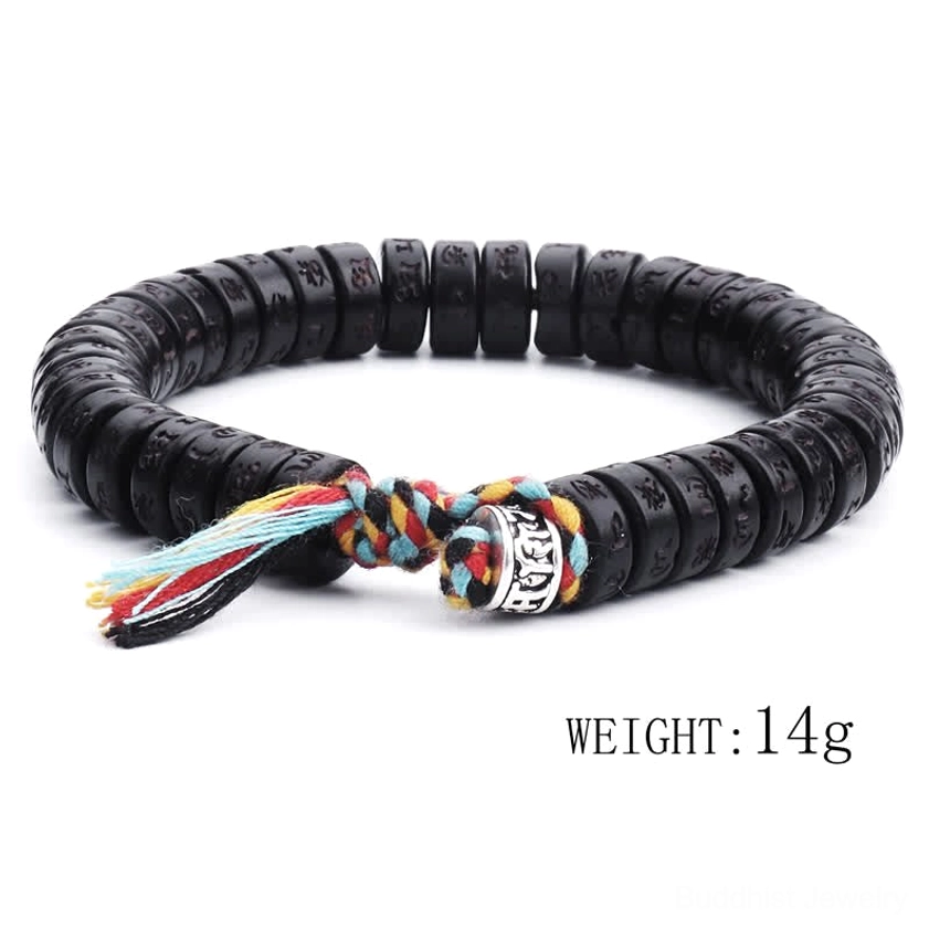Handmade Buddhist mantra bracelet with black engraved beads, colorful tassel clasp, and 14g weight specification