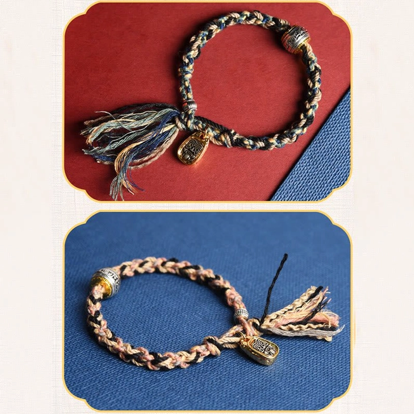 Two individual handmade Buddhist bracelets with mixed brown-blue woven cord, metal charm and tassel ends
