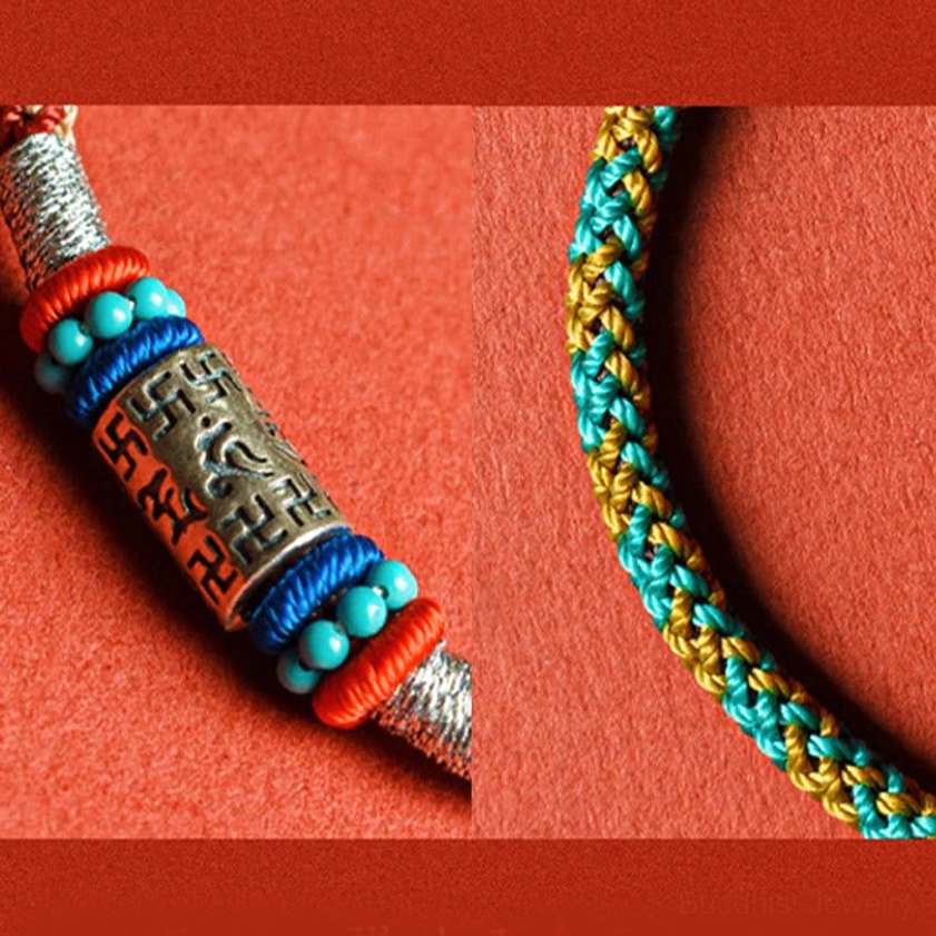 Split close-up of Buddhist string bracelet highlighting silver engraved charm, turquoise accents, and braided cord detail