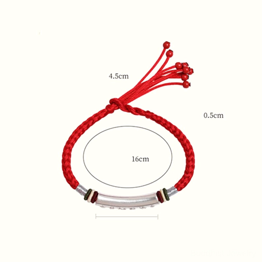 Om mani padme hum red string bracelet with size measurement markings showing 16cm length adjustable fit for all wrist sizes