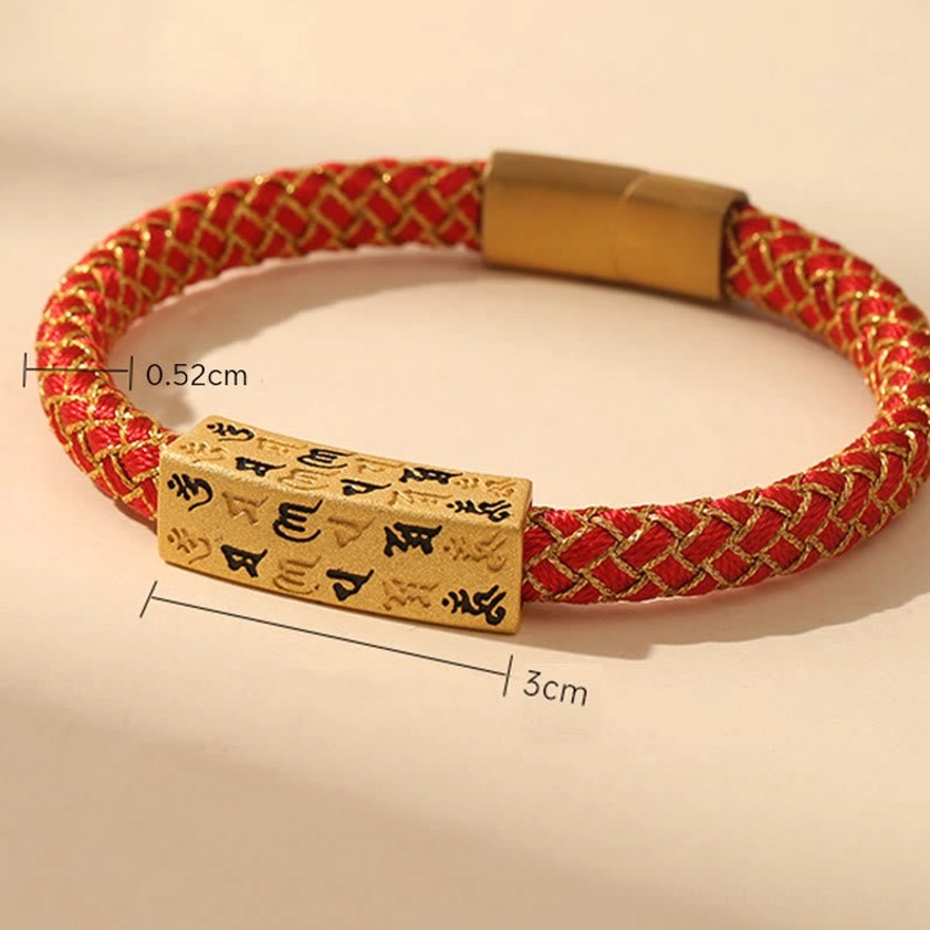 Om Mani Padme Hum Buddhist bracelet size specifications showing plaque dimensions and rope diameter
