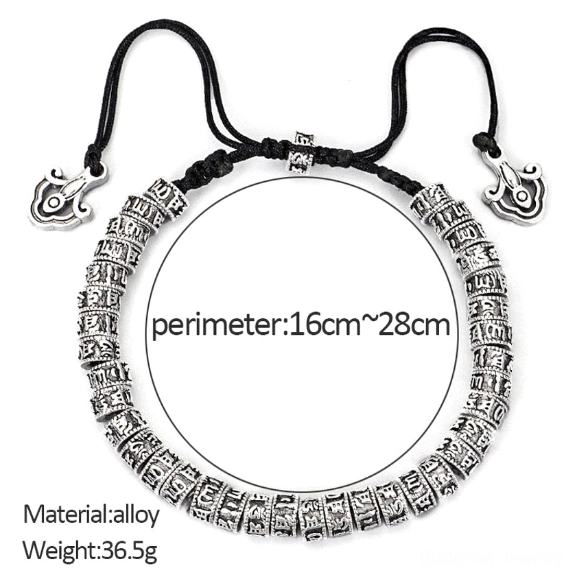 Adjustable Buddhist mantra bracelet specifications showing 16-28cm length, 36.5g weight, and cloud pendant details