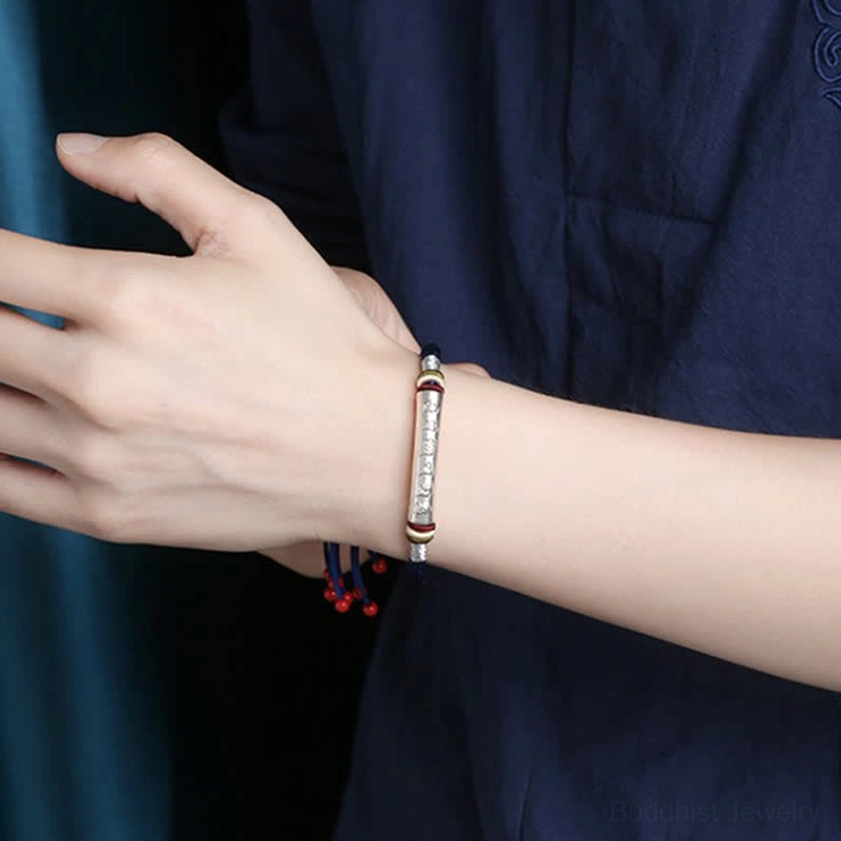 Handmade om mani padme hum Buddhist string bracelet featuring 999 sterling silver tube sacred mantra for inner peace
