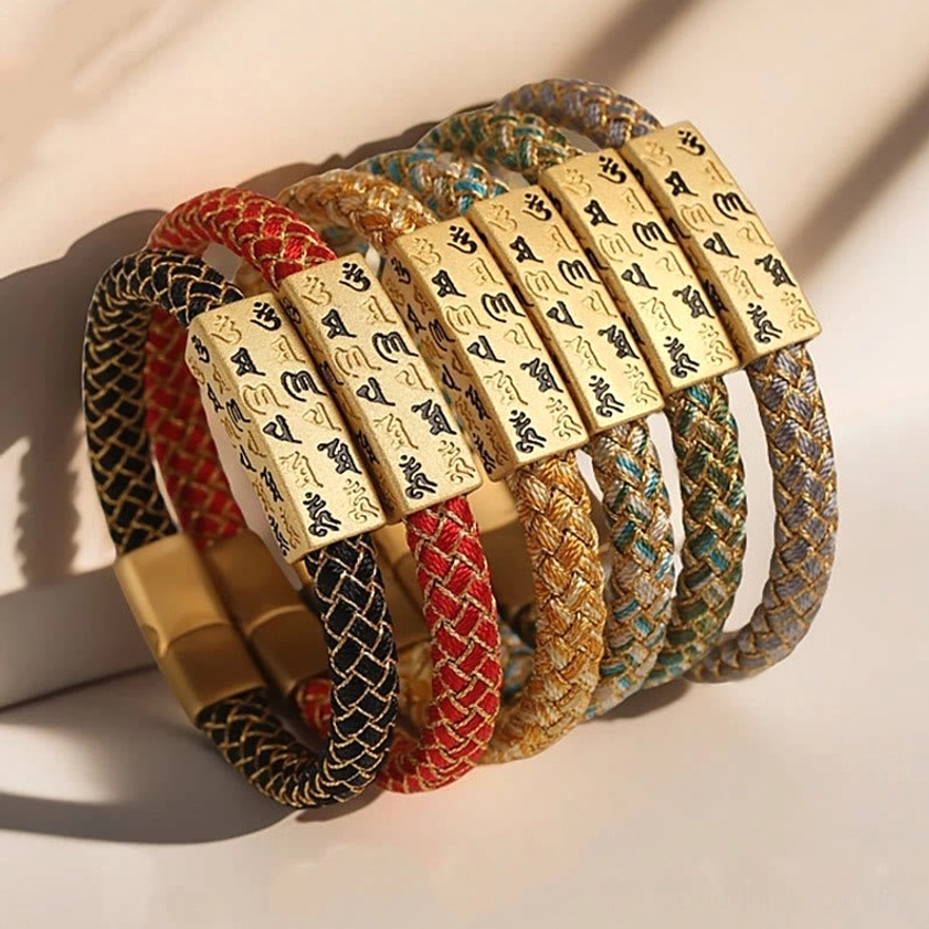 Om Mani Padme Hum Buddhist bracelet on wrist wearing styling how to wear guide