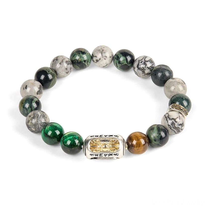 Full Om Mani Padme Hum beaded bracelet laid flat on white background displaying mixed natural stone set with engraved metal bead