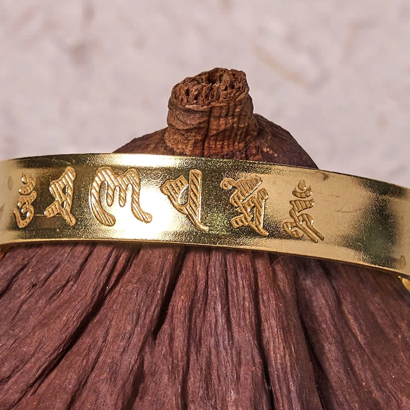 Om Mani Padme Hum brass cuff bracelet handcrafted Buddhist spiritual jewelry with Heart Sutra