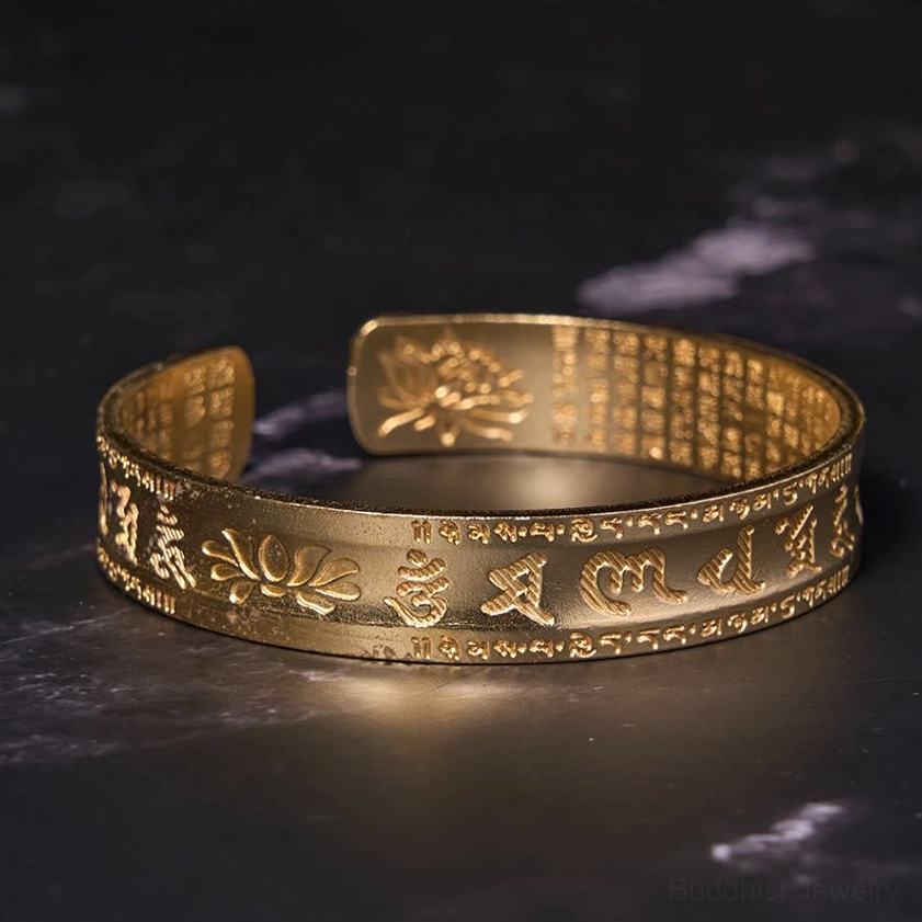 Om Mani Padme Hum six true words buddha bracelet closeup Sanskrit carving and mantra design