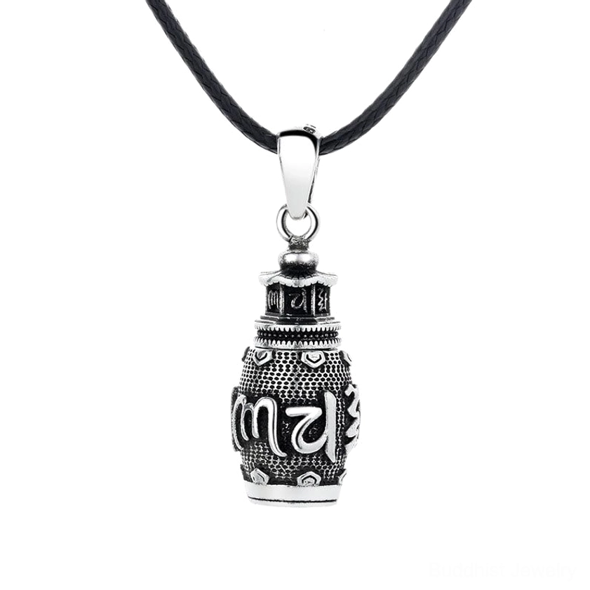 Complete Om Mani Padme Hum Buddhist necklace centered frontal view, vintage copper pendant with leather cord on neutral background