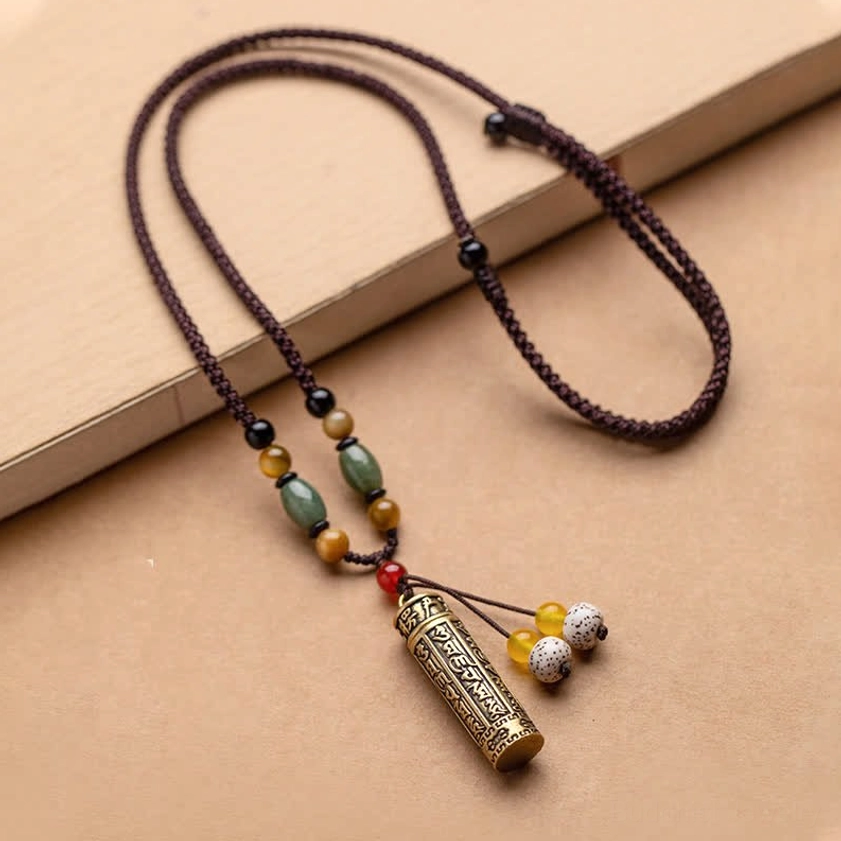 Copper and bodhi seed Buddhist mantra necklace with engraved sacred pendant for meditation and spiritual practice