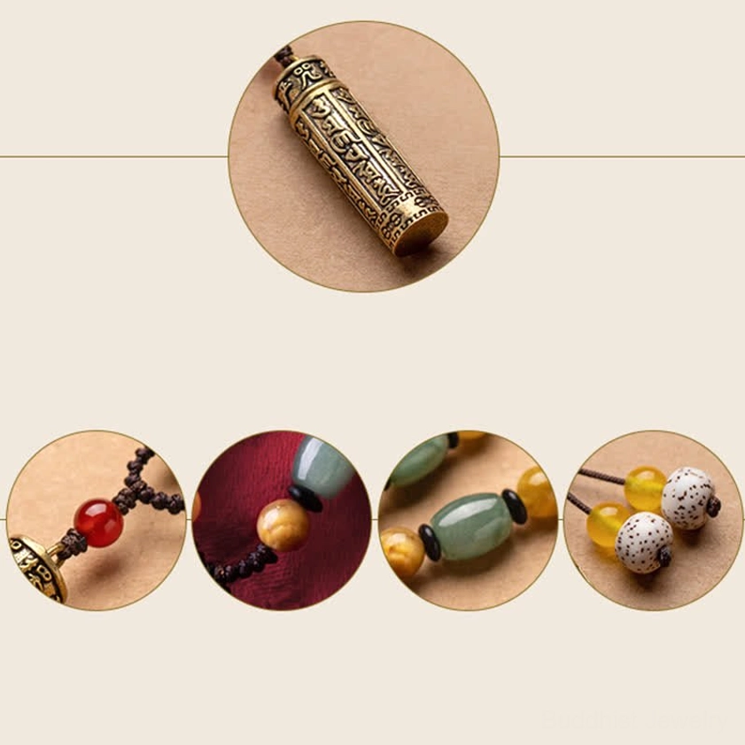 Engraved Om Mani Padme Hum Buddhist mantra necklace with adjustable braided cord and mixed natural materials