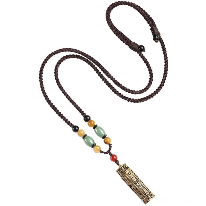 Om Mani Padme Hum Buddhist necklace adjustable length with natural agate, tiger eye and jade gemstones