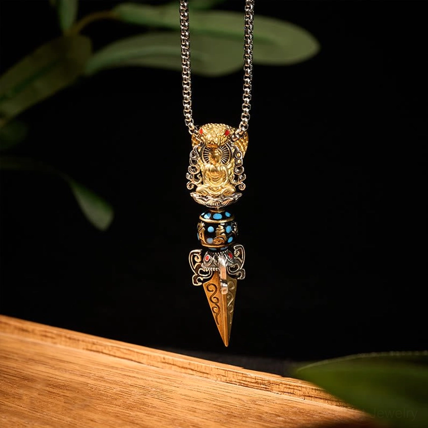 Om Mani Padme Hum Buddhist pendant necklace hanging display - gold silver dual color with carved Vajra and mantra bead