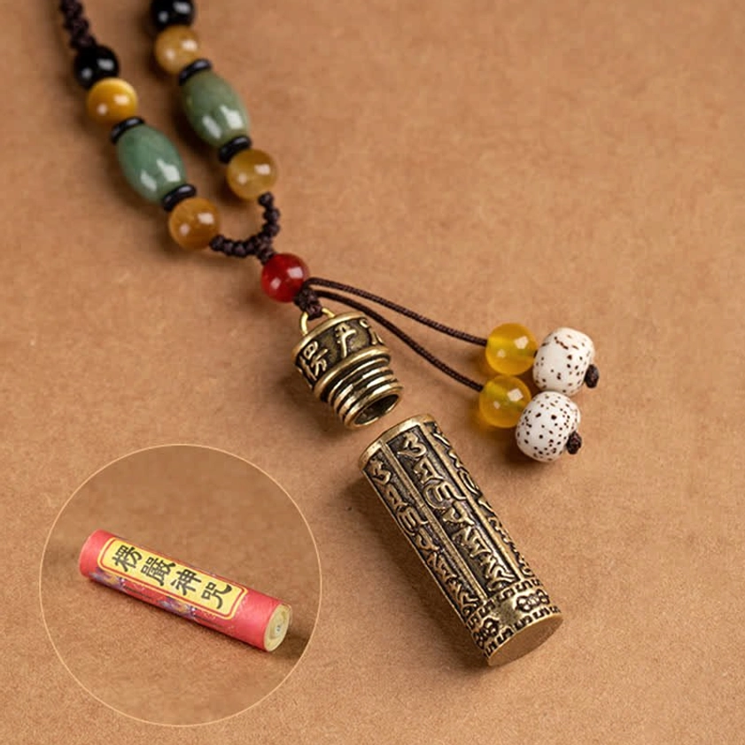 Om Mani Padme Hum Buddhist necklace handcrafted with sacred mantra engraving for meditation and spiritual energy