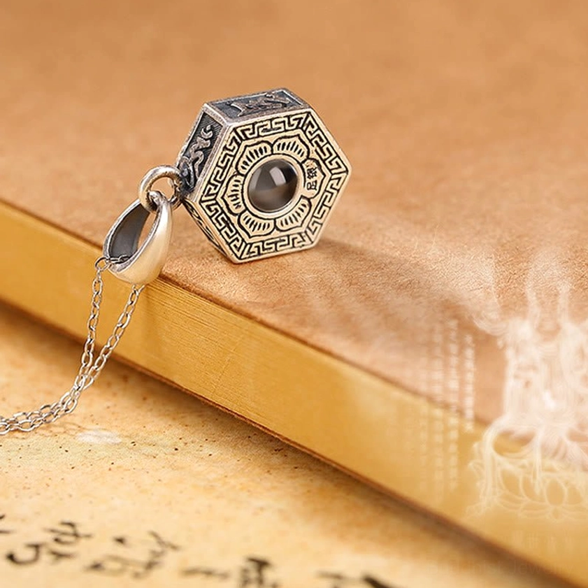 Om Mani Padme Hum Projection Necklace with Buddha Image and Hexagonal Silver Pendant - Calligraphy Background