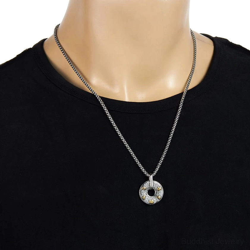 Om Mani Padme Hum Buddhist pendant necklace worn on male mannequin at neck, demonstrating dainty pendant size and fit for everyday casual wear with black clothing