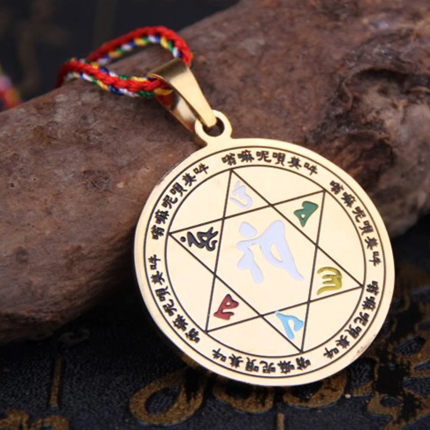 Colorful Om Mani Padme Hum titanium steel Buddhist necklace pendant detail and craftsmanship view