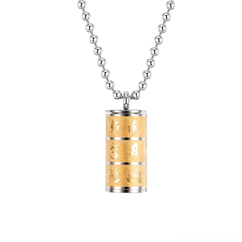Buddhist prayer wheel pendant necklace featuring gold and silver two-tone titanium steel with engraved Om Mani Padme Hum mantra and lotus flower motif, front hanging view against black background