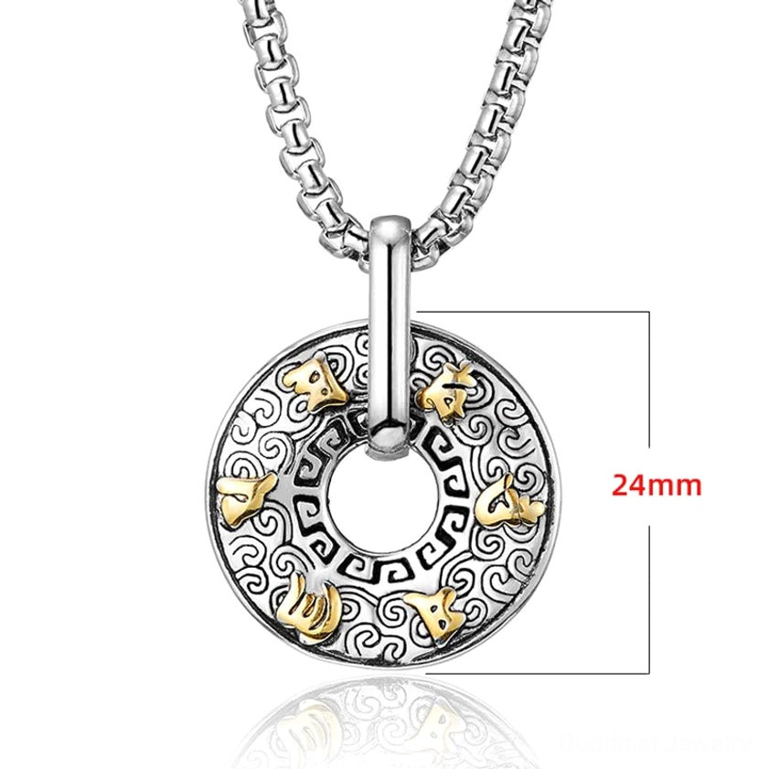 Om Mani Padme Hum Buddhist pendant close-up overhead view with 24mm size label reference on white reflective background, showing clear two-tone silver and gold details and mantra engravings