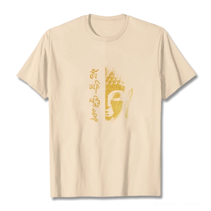 Beige Om Mani Padme Hum Buddhist cotton t-shirt flat lay featuring gold Buddha head and script print