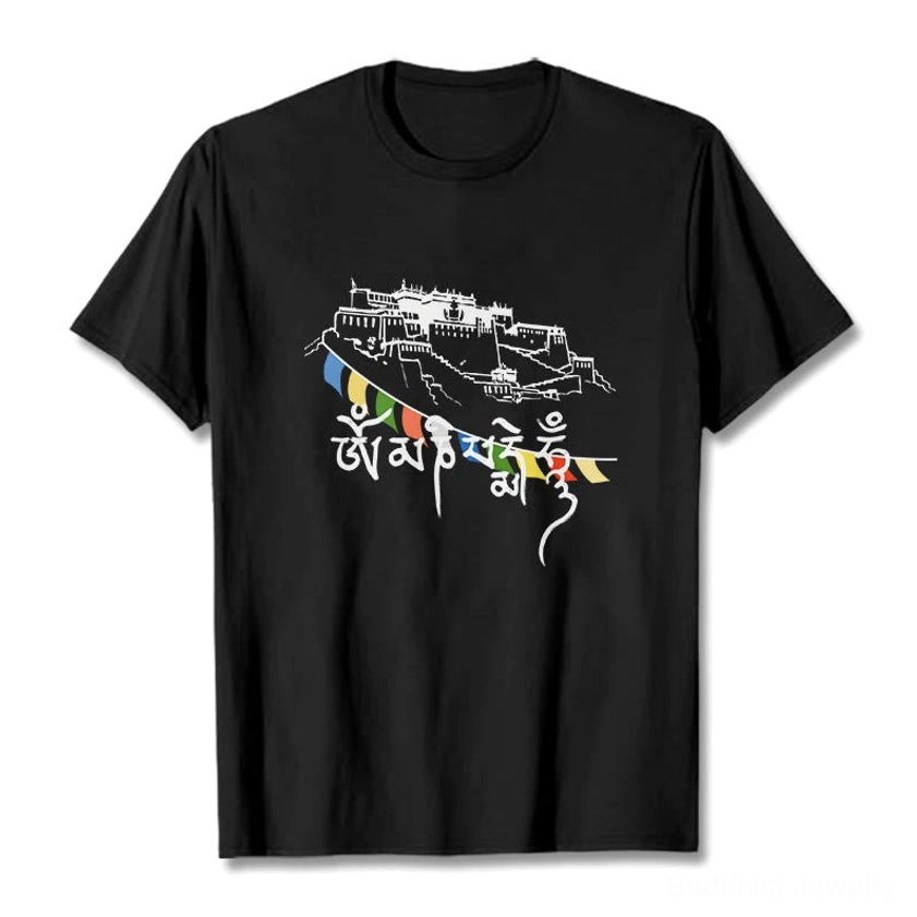 Black Buddhist cotton t-shirt featuring Om Mani Padme Hum mantra with colorful sacred palace and prayer flags print, flat lay view